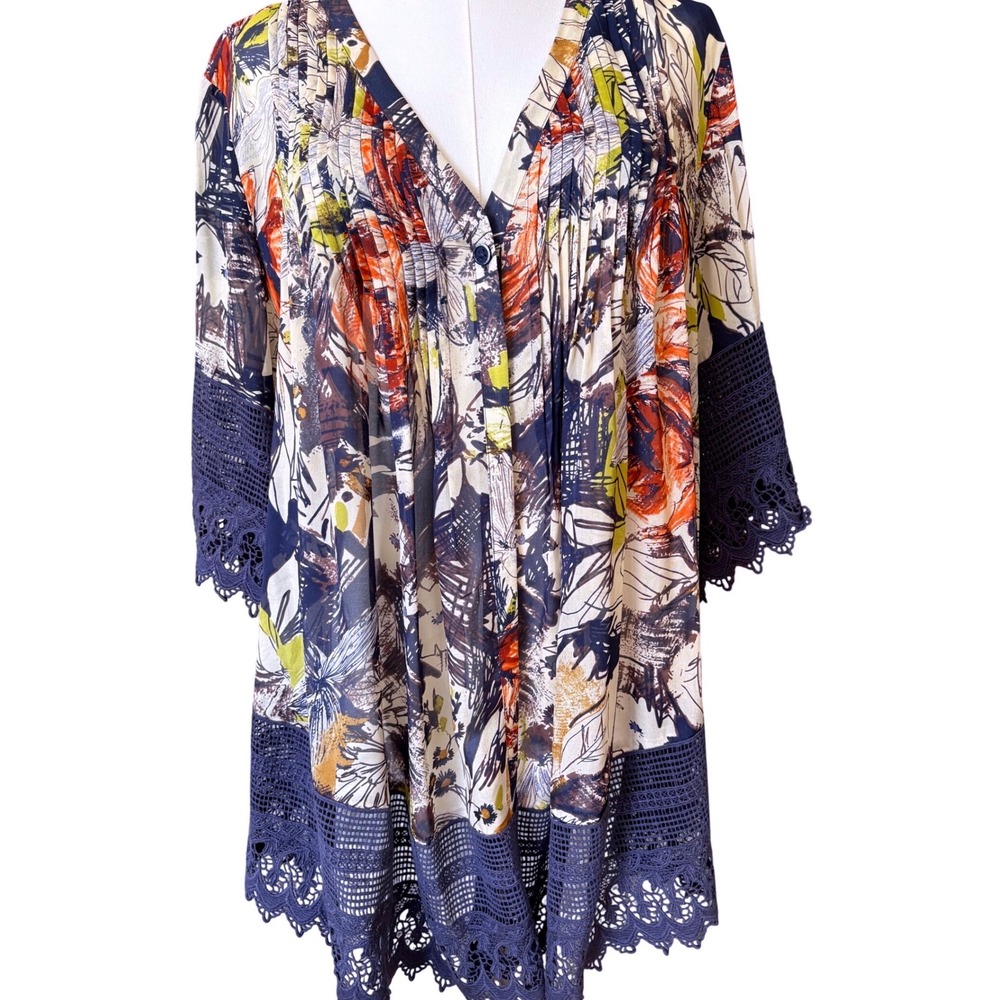 Coldwater Creek Womens 1X 100% Silk Floral Kimono Cardi Navy Crochet Lace Trim
